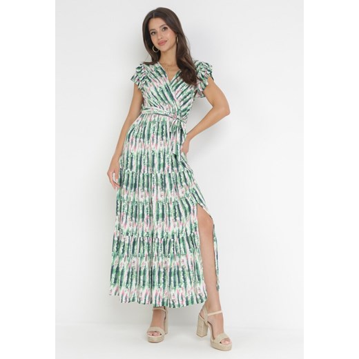 Zielona Rozkloszowana Sukienka Maxi z Wiskozy i Wiązanym Paskiem Beliss ze sklepu Born2be Odzież w kategorii Sukienki - zdjęcie 161037660