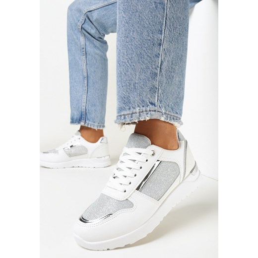 Białe Sneakersy na Płaskiej Podeszwie Ozdobione Brokatem Mayna ze sklepu born2be.pl w kategorii Buty sportowe damskie - zdjęcie 161039552