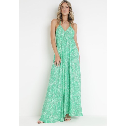 Zielona Rozkloszowana Sukienka Maxi z Wiązaniem na Szyi Inabella ze sklepu Born2be Odzież w kategorii Sukienki - zdjęcie 161039943