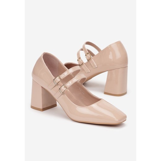 Beżowe Czółenka Lakierowane na Słupku z Paskami Eglese 41 promocyjna cena born2be.pl