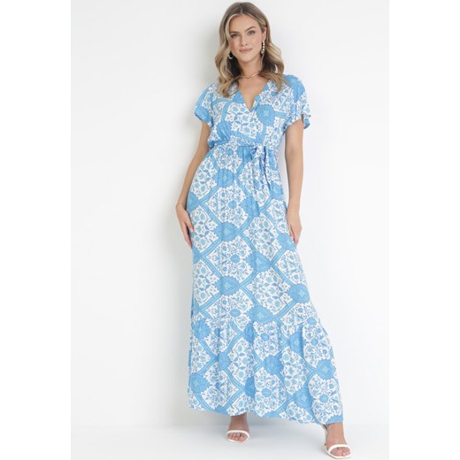 Niebieska Rozkloszowana Sukienka Maxi z Wiązanym Paskiem Aziza ze sklepu Born2be Odzież w kategorii Sukienki - zdjęcie 161042201