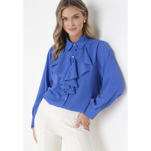 Niebieska Koszula z Wiskozy i Ozdobnym Żabotem Zucco ze sklepu Born2be Odzież w kategorii Koszule damskie - zdjęcie 161042291