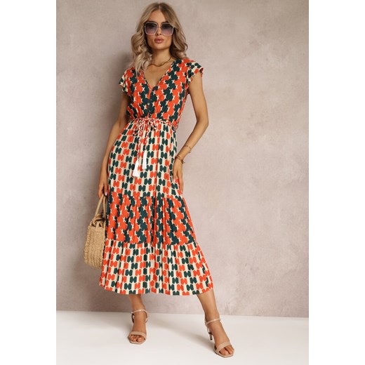 Pomarańczowa Wiskozowa Sukienka Maxi z Gumką w Talii i Falbankami przy Ramionach Baldise ze sklepu Renee odzież w kategorii Sukienki - zdjęcie 161042513