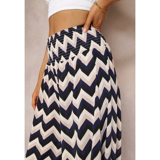 Granatowe Szerokie Spodnie z Gumkami w Talii i Geometrycznym Wzorem z Bawełny Renee S/M promocja Renee odzież