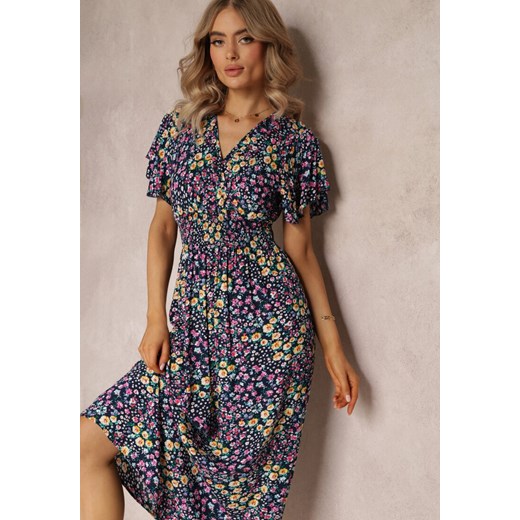 Granatowa Wiskozowa Sukienka Maxi w Kwiaty Sadeline ze sklepu Renee odzież w kategorii Sukienki - zdjęcie 161042543