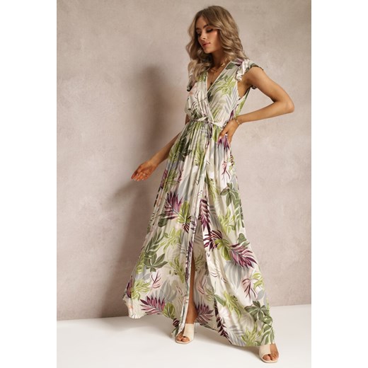 Beżowa Rozkloszowana Sukienka Maxi z Wiskozy w Kwiaty Shalu ze sklepu Renee odzież w kategorii Sukienki - zdjęcie 161042573