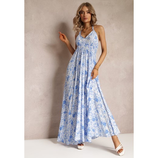 Niebieska Bawełniana Sukienka Maxi z Wiązaniem na Szyi Detra ze sklepu Renee odzież w kategorii Sukienki - zdjęcie 161042643