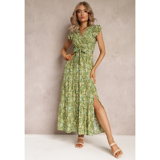 Zielona Rozkloszowana Sukienka z Gumką w Talii i Falbanką Samat ze sklepu Renee odzież w kategorii Sukienki - zdjęcie 161055893