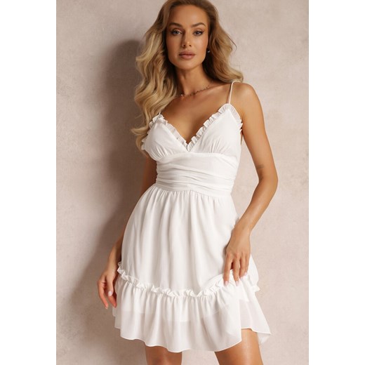 Biała Rozkloszowana Mini Sukienka na Cienkich Ramiączkach z Falbankami Daim ze sklepu Renee odzież w kategorii Sukienki - zdjęcie 161055943