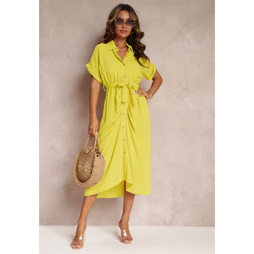 Żółta Wiskozowa Sukienka Midi w Koszulowym Stylu z Gumką w Talii Paislli ze sklepu Renee odzież w kategorii Sukienki - zdjęcie 161060582