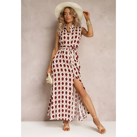 Bordowa Koszulowa Sukienka z Wiązanym Paskiem w Geometryczny Print Pandine ze sklepu Renee odzież w kategorii Sukienki - zdjęcie 161060732