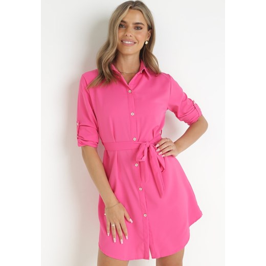 Różowa Sukienka Koszulowa z Wiązanym Paskiem Dekitte XL wyprzedaż Born2be Odzież