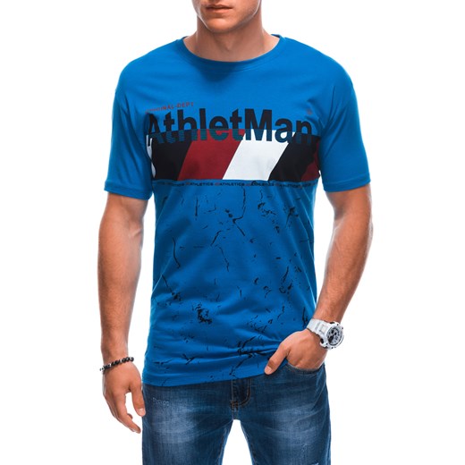 T-shirt męski z nadrukiem S1887 - niebieski Edoti XL Edoti