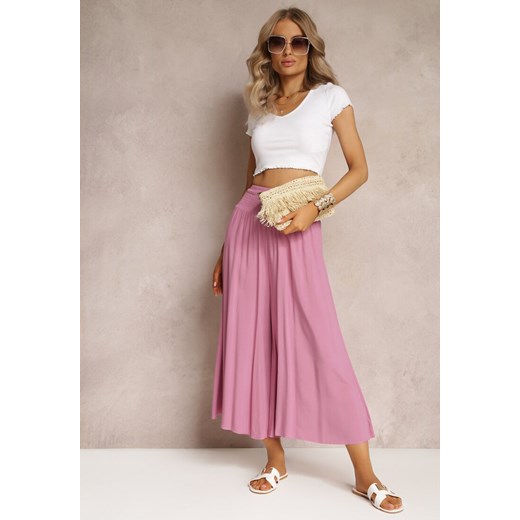 Różowe Szerokie Spodnie High Waist o Długości 7/8 Rathi ze sklepu Renee odzież w kategorii Spodnie damskie - zdjęcie 161096671