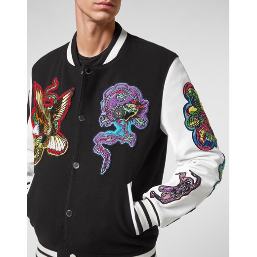 PHILIPP PLEIN Czarna bomberka z haftowanymi naszywkami rozmiar M M okazyjna cena Moliera2.com