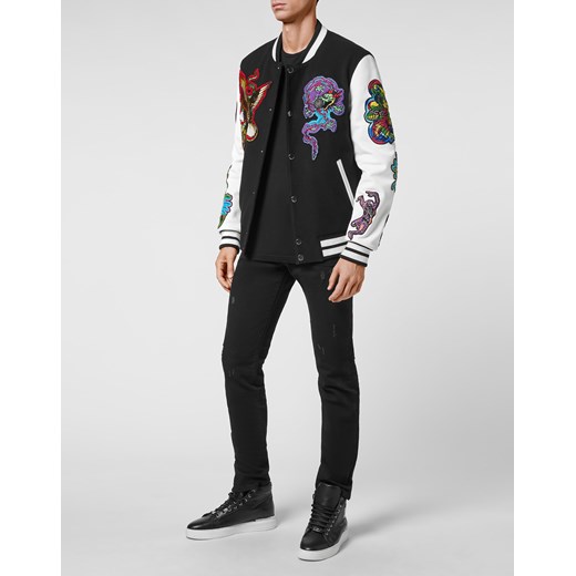 PHILIPP PLEIN Czarna bomberka z haftowanymi naszywkami rozmiar M M okazja Moliera2.com