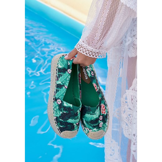 Zapatos espadryle damskie zielone sznurowane na platformie casual tkaninowe 