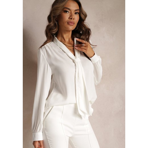Biała Satynowa Bluzka z Wiskozy z Ozdobnym Krawatem Mercaldo Renee XL wyprzedaż Renee odzież