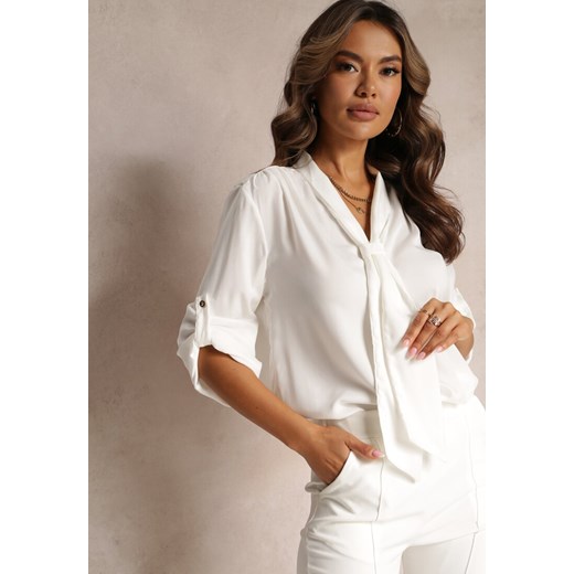 Biała Satynowa Bluzka z Wiskozy z Ozdobnym Krawatem Mercaldo Renee XL okazja Renee odzież