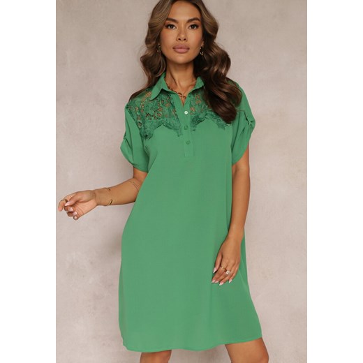 Zielona Koszulowa Sukienka z Ozdobną Koronką i Krótkim Rękawem Cinzia ze sklepu Renee odzież w kategorii Sukienki - zdjęcie 161200400
