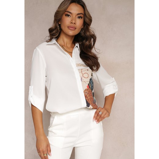 Biała Koszula z Kołnierzem i Nadrukiem Teodatte ze sklepu Renee odzież w kategorii Koszule damskie - zdjęcie 161200490