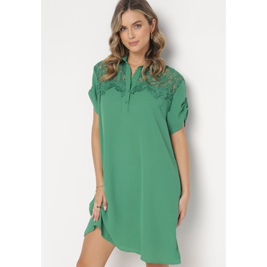 Zielona Koszulowa Sukienka z Koronką Jetana ze sklepu Born2be Odzież w kategorii Sukienki - zdjęcie 161200703