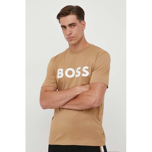 BOSS t-shirt bawełniany kolor beżowy z nadrukiem 50495742 ze sklepu ANSWEAR.com w kategorii T-shirty męskie - zdjęcie 161205702