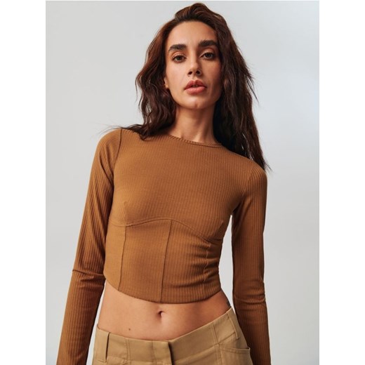 Sinsay - Crop top w prążki - beżowy Sinsay S Sinsay promocja