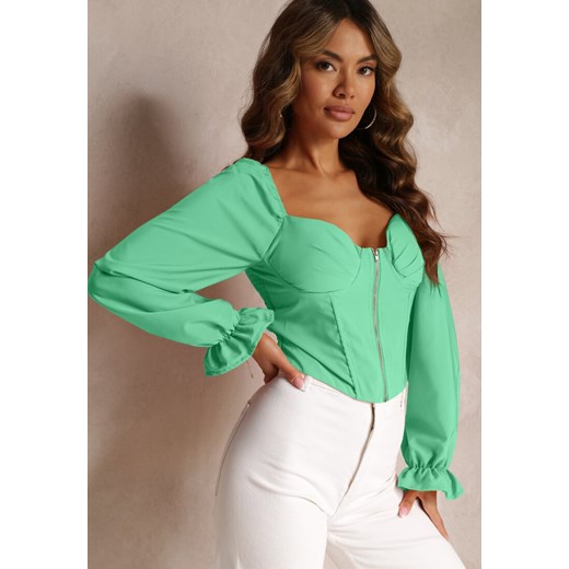 Zielona Bluzka Z Długim Rękawem Zapinana na Suwak Adasa ze sklepu Renee odzież w kategorii Bluzki damskie - zdjęcie 161223361