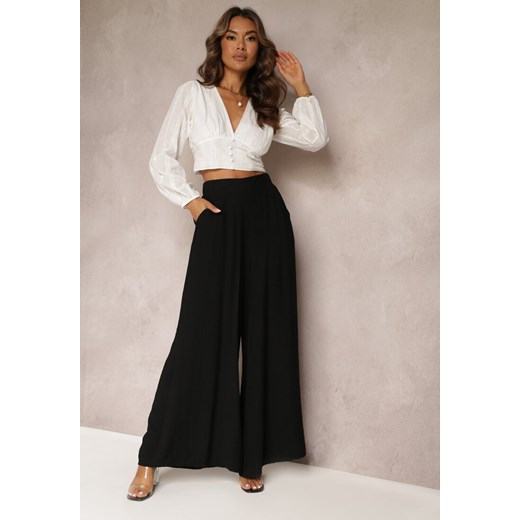 Czarne Luźne Spodnie z Szeroką Nogawką i Kieszeniami Cordya ze sklepu Renee odzież w kategorii Spodnie damskie - zdjęcie 161230494