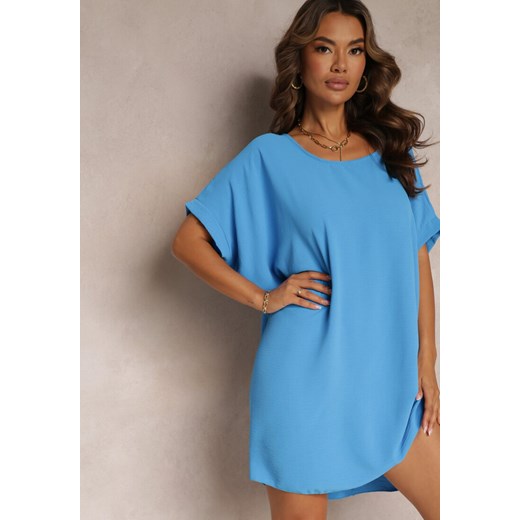 Niebieska Boho Sukienka Mini o Fasonie Nietoperza z Okrągłym Dekoltem Maglia Renee ONE SIZE okazyjna cena Renee odzież