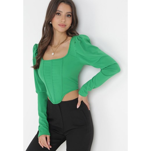 Zielona Bluzka Typu Gorset z Przeszyciami i Marszczeniem Kathilla ze sklepu Born2be Odzież w kategorii Bluzki damskie - zdjęcie 161231983