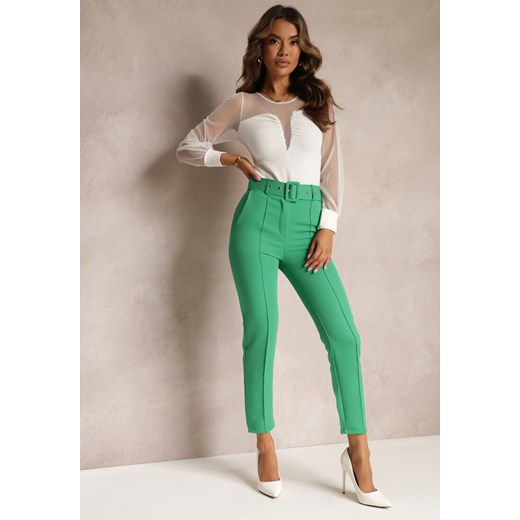 Zielone Dopasowane Spodnie Garniturowe High Waist z Paskiem w Talii Ozdobionym Klamrą Binah ze sklepu Renee odzież w kategorii Spodnie damskie - zdjęcie 161235560