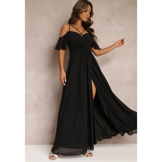 Czarna Rozkloszowana Sukienka Maxi o Kopertowym Fasonie na Cienkich Ramiączkach Burwena ze sklepu Renee odzież w kategorii Sukienki - zdjęcie 161255194