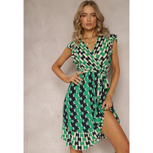 Zielona Midi Sukienka o Rozkloszowanym Fasonie w Geometryczny Wzór z Falbankami Airon ze sklepu Renee odzież w kategorii Sukienki - zdjęcie 161272180