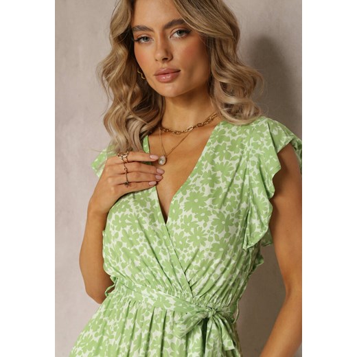 Zielona sukienka Renee z krótkim rękawem w abstrakcyjne wzory mini w serek 