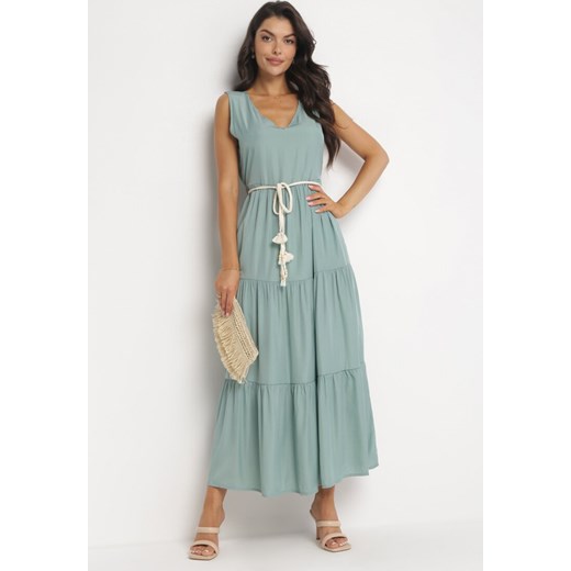 Zielona Rozkloszowana Sukienka Maxi z Plecionym Sznurkiem w Talii Ralica ze sklepu Born2be Odzież w kategorii Sukienki - zdjęcie 161280963