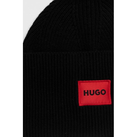 HUGO czapka wełniana kolor czarny z cienkiej dzianiny wełniana ONE ANSWEAR.com