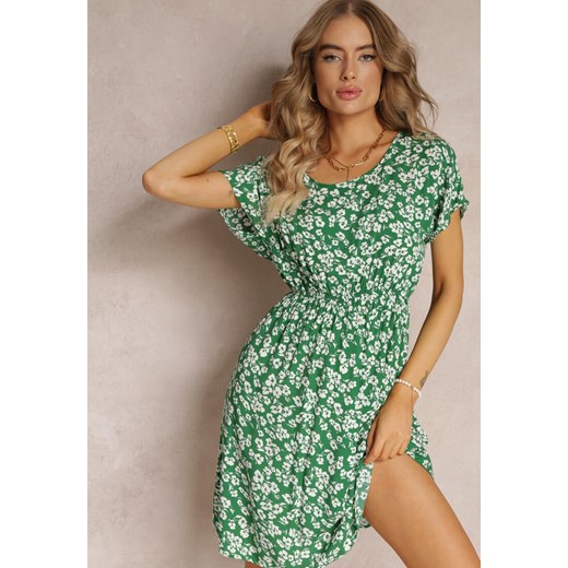 Zielona Wiskozowa Mini Sukienka w Kwiatowy Print z Gumką w Pasie Frolia Renee L wyprzedaż Renee odzież