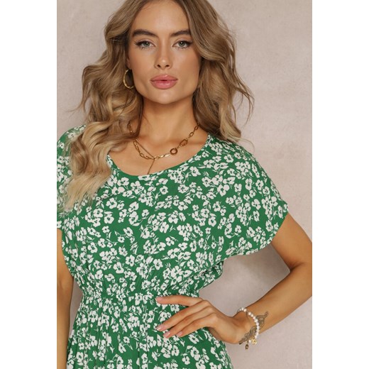 Zielona Wiskozowa Mini Sukienka w Kwiatowy Print z Gumką w Pasie Frolia Renee M wyprzedaż Renee odzież