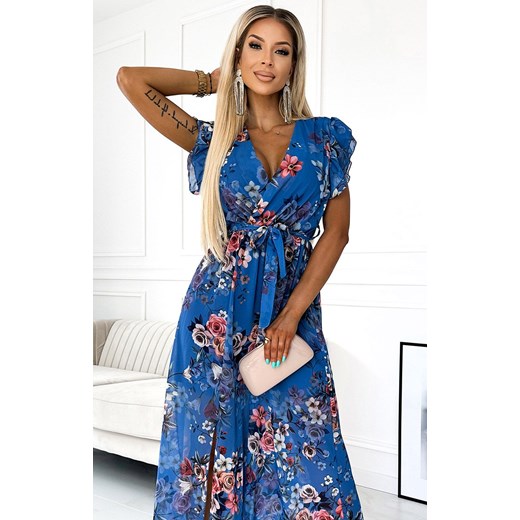 Długa sukienka niebieska w kwiaty Aria 473-1, Kolor niebieski-wzór, Rozmiar one Numoco one size Primodo
