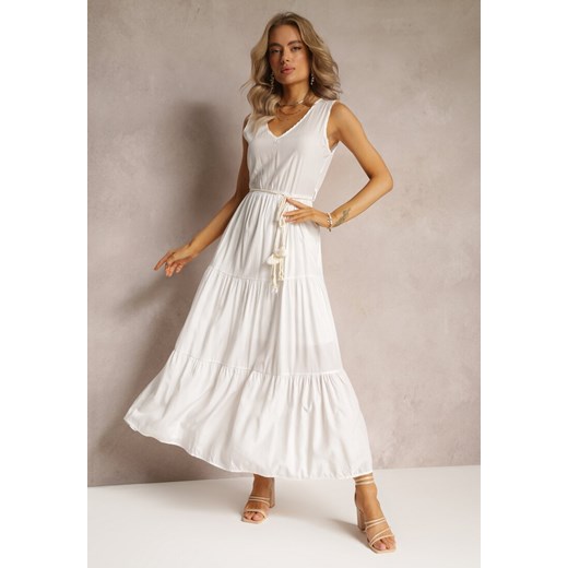 Biała Sukienka Maxi o Rozkloszowanym Fasonie z Ozdobnym Sznurkiem i Trójkątnym Dekoltem Zornitsa ze sklepu Renee odzież w kategorii Sukienki - zdjęcie 161311431
