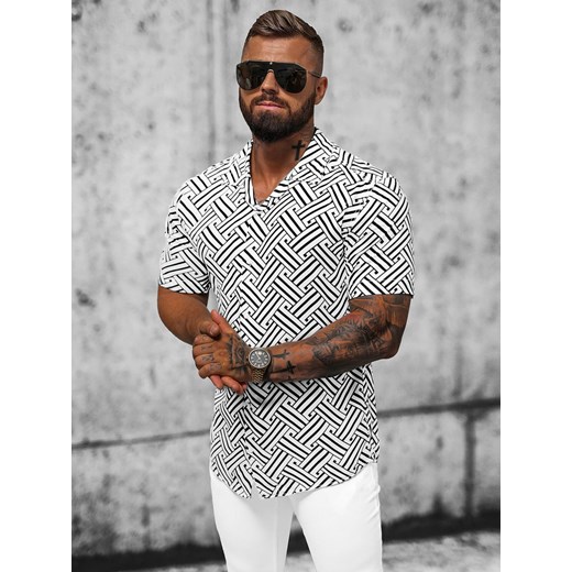 Koszula męska z krótkim rękawem biało-czarna OZONEE E/1400/225Z ze sklepu ozonee.pl w kategorii Koszule męskie - zdjęcie 161311474