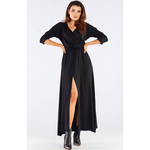 Długa sukienka maxi z długim rękawem i rozcięciem czarna A454, Kolor czarny, Rozmiar XL, Awama ze sklepu Primodo w kategorii Sukienki - zdjęcie 161346461