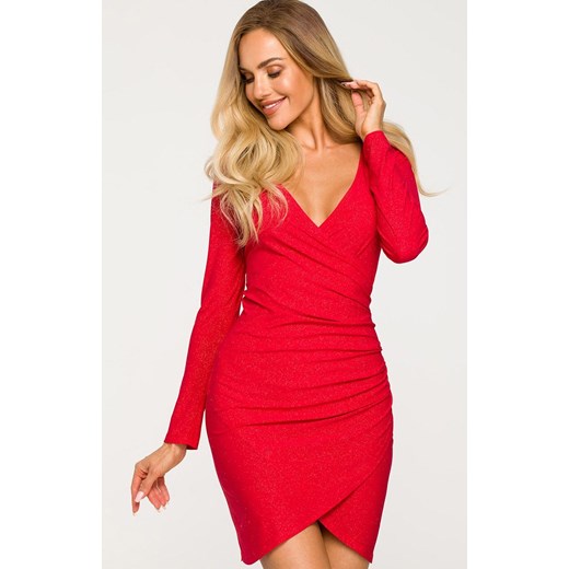Sukienka błyszcząca mini z drapowaniem w kolorze czerwony M722, Kolor czerwony, Rozmiar L, MOE ze sklepu Primodo w kategorii Sukienki - zdjęcie 161346473