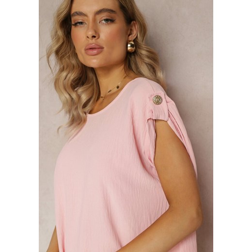 Różowa Bluzka Wiskozowa z Krótkim Rękawem Podpiętym na Guzik Vahosa Renee ONE SIZE promocja Renee odzież