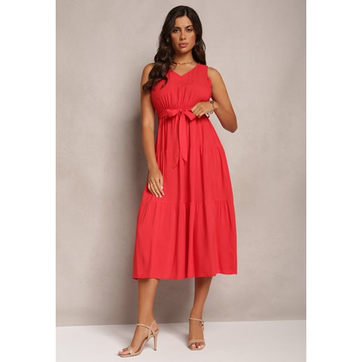 Czerwona Wiązana Sukienka Midi bez Rękawów z Gumką w Talii Mideyo ze sklepu Renee odzież w kategorii Sukienki - zdjęcie 161349482