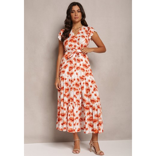 Pomarańczowa Rozkloszowana Sukienka Maxi w Kwiatowy Print z Gumką w Pasie Javiky ze sklepu Renee odzież w kategorii Sukienki - zdjęcie 161349492