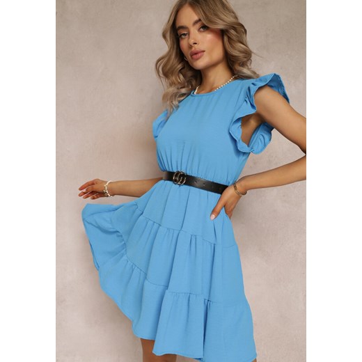 Jasnoniebieska Sukienka Mini z Falbankami Paskiem i Gumką w Talii Lavada ze sklepu Renee odzież w kategorii Sukienki - zdjęcie 161352422