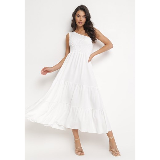 Biała Maxi Sukienka Asymetryczna o Rozkloszowanym Kroju na Jedno Ramię Byrecl ze sklepu Born2be Odzież w kategorii Sukienki - zdjęcie 161354234